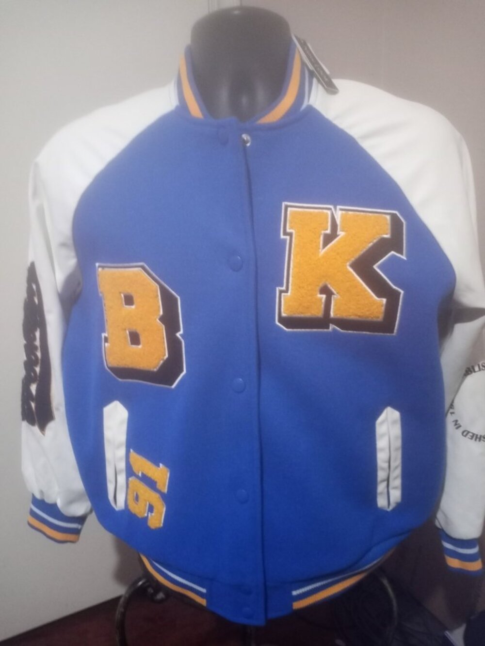NWT New Look Men's Varsity Jacket Blue Embroidered Button Snap Size Medium M